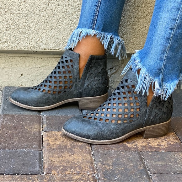 Charcoal V Split Perforated Caged Ankle Booties - Picture 9 of 15